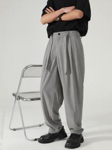 Manfinity Men Slant Pocket Fold Pleated Detail Trousers - Grey - View 3