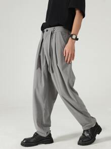 Manfinity Men Slant Pocket Fold Pleated Detail Trousers - Grey - View 4