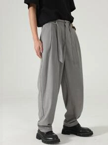 Manfinity Men Slant Pocket Fold Pleated Detail Trousers - Grey - View 6