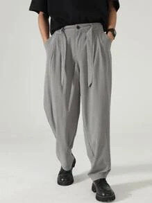 Manfinity Men Slant Pocket Fold Pleated Detail Trousers - Grey - View 7