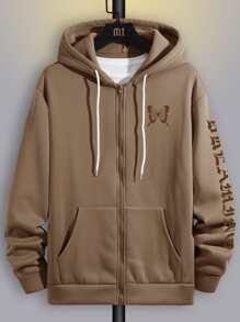 Manfinity EMRG Men Letter Graphic Zip Up Drawstring Thermal Lined Hoodie Without Tee - Khaki - View 1