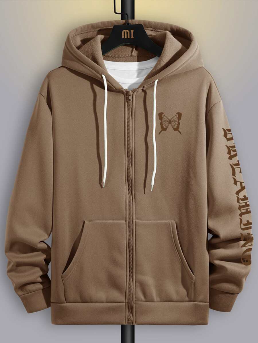 Manfinity EMRG Men Letter Graphic Zip Up Drawstring Thermal Lined Hoodie Without Tee - Khaki - View 1