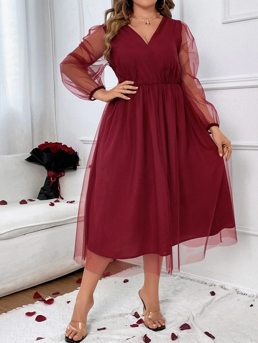 SHEIN Clasi Vestido de malla de cuello cruzado - Burdeos - Ver 1