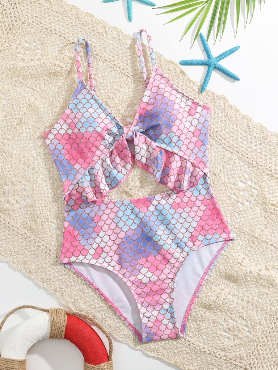Girls Fish Scales Print Ruffle Trim Cut Out Knot Front One Piece Swimsuit - Multicolor - View 1