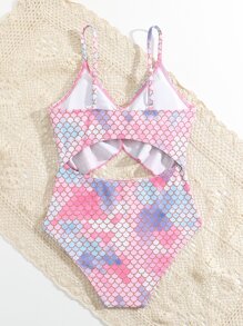 Girls Fish Scales Print Ruffle Trim Cut Out Knot Front One Piece Swimsuit - Multicolor - View 2
