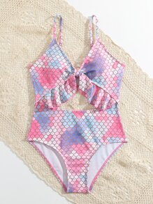 Girls Fish Scales Print Ruffle Trim Cut Out Knot Front One Piece Swimsuit - Multicolor - View 3