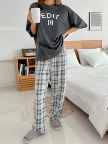DAZY Slogan & Plaid Print Drop Shoulder Lounge Set Pajama - Multicolor - View 1