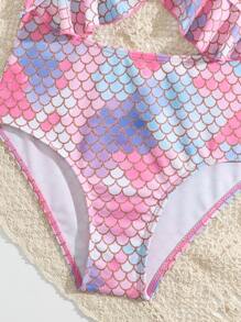 Girls Fish Scales Print Ruffle Trim Cut Out Knot Front One Piece Swimsuit - Multicolor - View 4