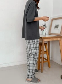 DAZY Slogan & Plaid Print Drop Shoulder Lounge Set Pajama - Multicolor - View 2