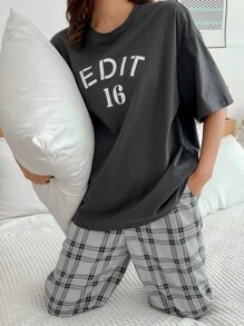 DAZY Slogan & Plaid Print Drop Shoulder Lounge Set Pajama - Multicolor - View 3