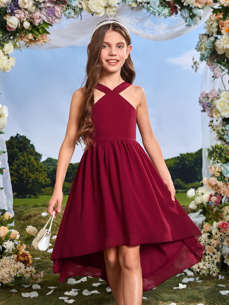 SHEIN Tween Girl High Low Hem Dress - Burgundy - View 1