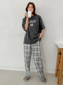 DAZY Slogan & Plaid Print Drop Shoulder Lounge Set Pajama - Multicolor - View 4