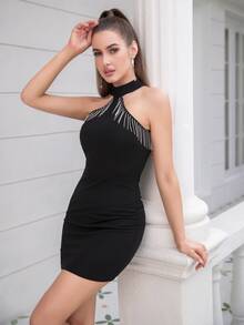 D&M 水鑽流蘇邊繞頸露背緊身連衣裙 - 黑色 - 查看 5