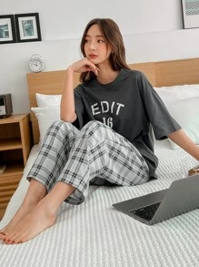 DAZY Slogan & Plaid Print Drop Shoulder Lounge Set Pajama - Multicolor - View 6