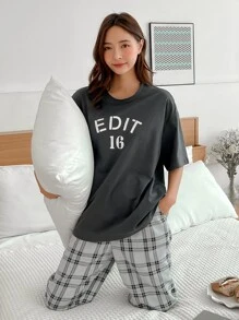 DAZY Slogan & Plaid Print Drop Shoulder Lounge Set Pajama - Multicolor - View 7