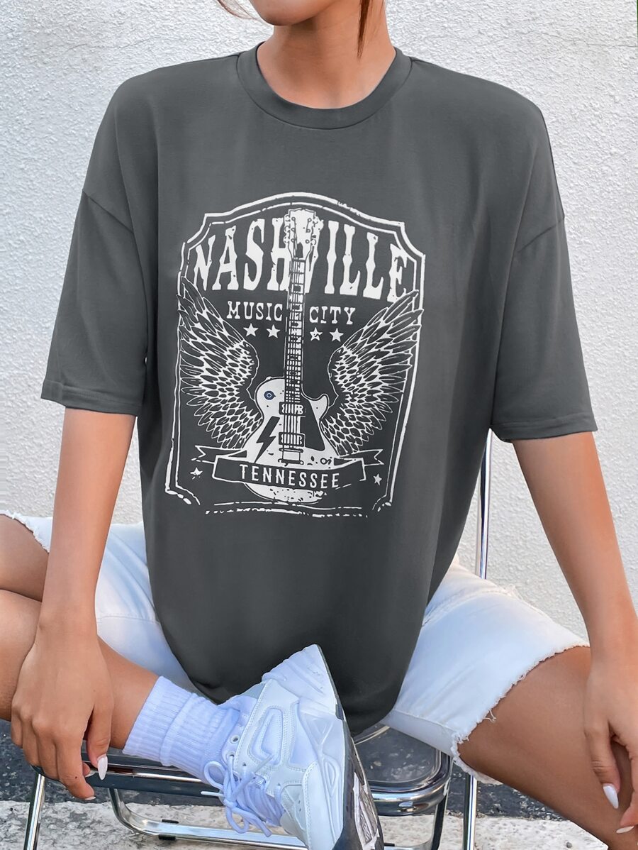 SHEIN Unity Wing & Guitar Graphic Drop Shoulder Tee - Dark Grey - View 1