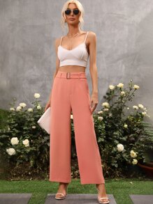 SHEIN Essnce Solid Belted Suit Trousers - Watermelon Pink - View 4