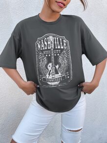 SHEIN Unity Wing & Guitar Graphic Drop Shoulder Tee - Dark Grey - View 3