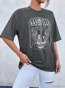 SHEIN Unity Wing & Guitar Graphic Drop Shoulder Tee - Dark Grey - View 4
