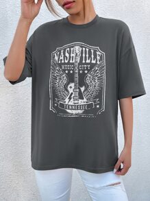 SHEIN Unity Wing & Guitar Graphic Drop Shoulder Tee - Dark Grey - View 5