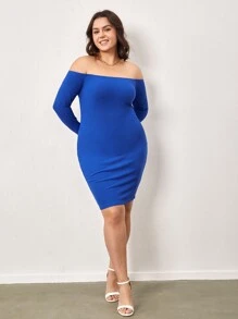 SHEIN BASICS Vestido Bodycon Con Hombros Descubiertos Para Tallas Grandes - Azul - Ver 3