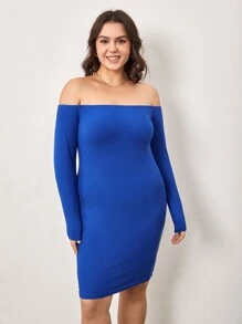 SHEIN BASICS Vestido Bodycon Con Hombros Descubiertos Para Tallas Grandes - Azul - Ver 4