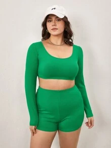 SHEIN BASICS Plus Scoop Neck Crop Top & Cycling Shorts - Green - View 6