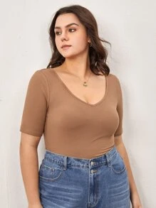 SHEIN BASICS 加大號v領純色t卹 - 卡其色 - 查看 6
