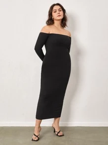 SHEIN BASICS Plus Off Shoulder Bodycon Dress - Black - View 3