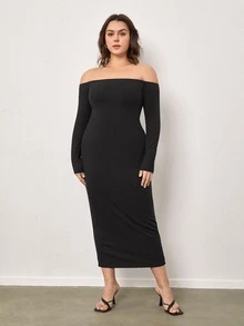 SHEIN BASICS Plus Off Shoulder Bodycon Dress - Black - View 5