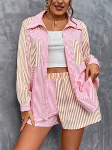 Flirla Plus Striped Print Pocket Patched Shirt & Shorts - Multicolor - View 1