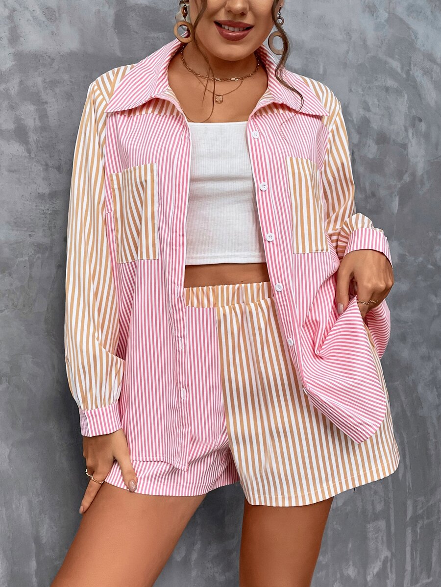 Flirla Plus Striped Print Pocket Patched Shirt & Shorts - Multicolor - View 1