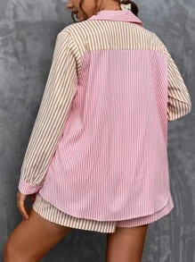 Flirla Plus Striped Print Pocket Patched Shirt & Shorts - Multicolor - View 2