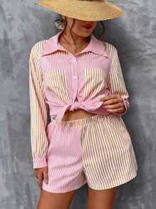 Flirla Plus Striped Print Pocket Patched Shirt & Shorts - Multicolor - View 3