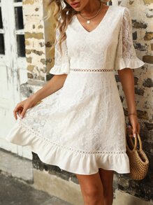 SHEIN VCAY 荷葉袖荷葉邊蕾絲洋裝