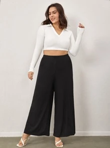 SHEIN BASICS Plus Cotton Solid Wide Leg Trousers - Black - View 1