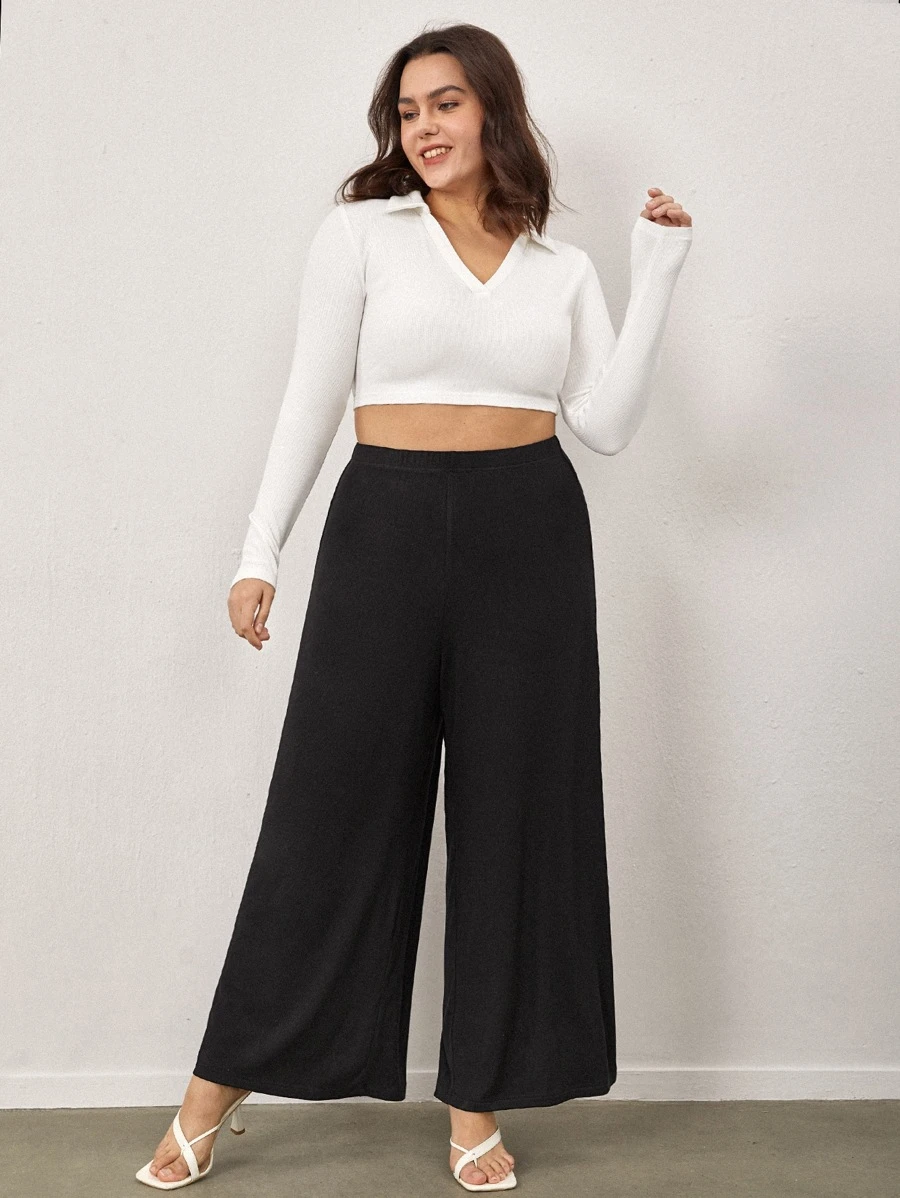 SHEIN BASICS Plus Cotton Solid Wide Leg Trousers - Black - View 1