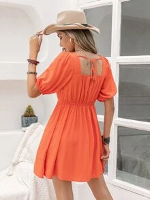 Rusttydustty Vestido de cuello cuadrado de manga farol - Naranja - Ver 2