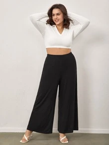 SHEIN BASICS Plus Cotton Solid Wide Leg Trousers - Black - View 5