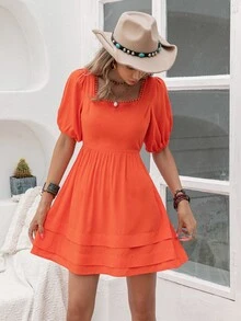 Rusttydustty Vestido de cuello cuadrado de manga farol - Naranja - Ver 6