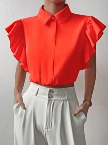 SHEIN Clasi Camisa unicolor ribete con fruncido con diseño de botón - Naranja Quemada - Ver 1