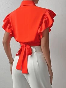 SHEIN Clasi Camisa unicolor ribete con fruncido con diseño de botón - Naranja Quemada - Ver 2