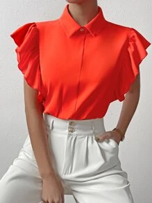SHEIN Clasi Camisa unicolor ribete con fruncido con diseño de botón - Naranja Quemada - Ver 4