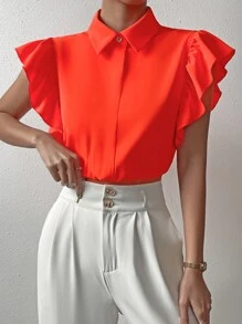 SHEIN Clasi Camisa unicolor ribete con fruncido con diseño de botón - Naranja Quemada - Ver 5