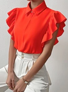 SHEIN Clasi Camisa unicolor ribete con fruncido con diseño de botón - Naranja Quemada - Ver 6