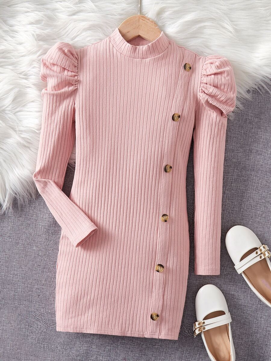 SHEIN 孩童女裝高領泡泡袖鈕扣前連衣裙 - 淺粉色 - 查看 1