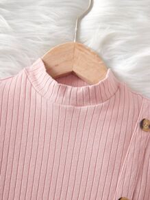 SHEIN 孩童女裝高領泡泡袖鈕扣前連衣裙 - 淺粉色 - 查看 3