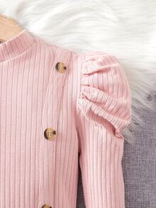 SHEIN 孩童女裝高領泡泡袖鈕扣前連衣裙 - 淺粉色 - 查看 4