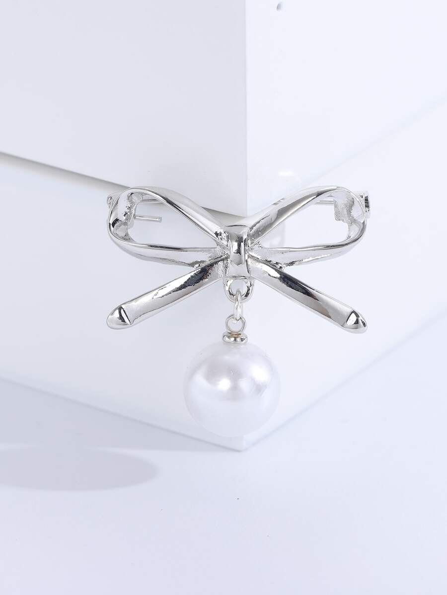 Faux Pearl Decor Bow Design Brooch - Silver - View 1