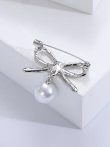Faux Pearl Decor Bow Design Brooch - Silver - View 2